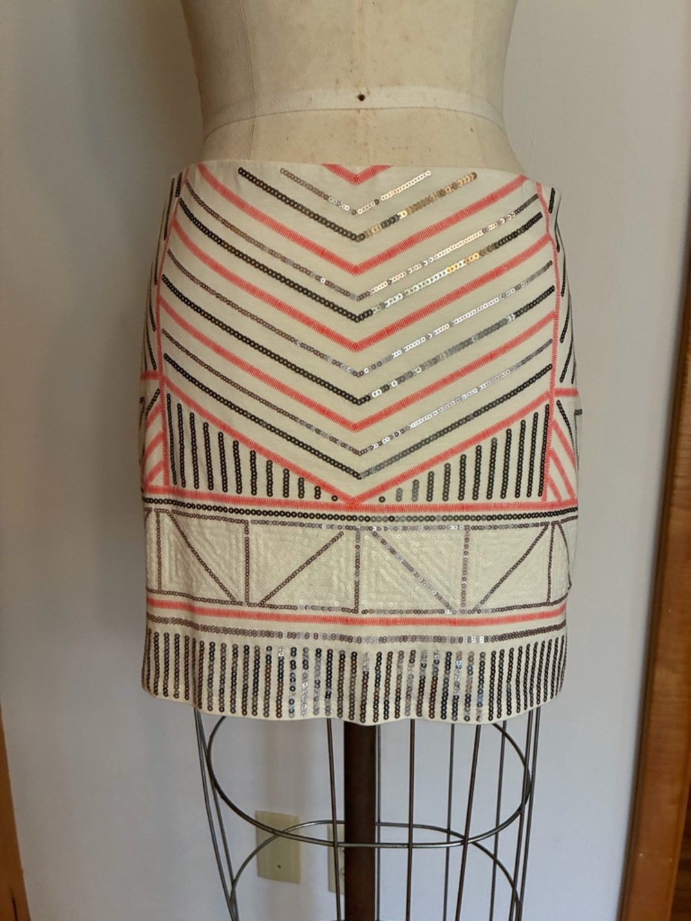 Express Cream Mini Skirt with Coral and Gold Sequin Aztec Chevron Pattern Lined